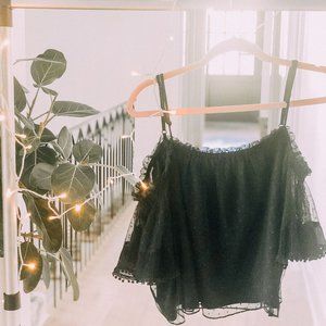 Sheer black cropped flowy tank, off the shoulder